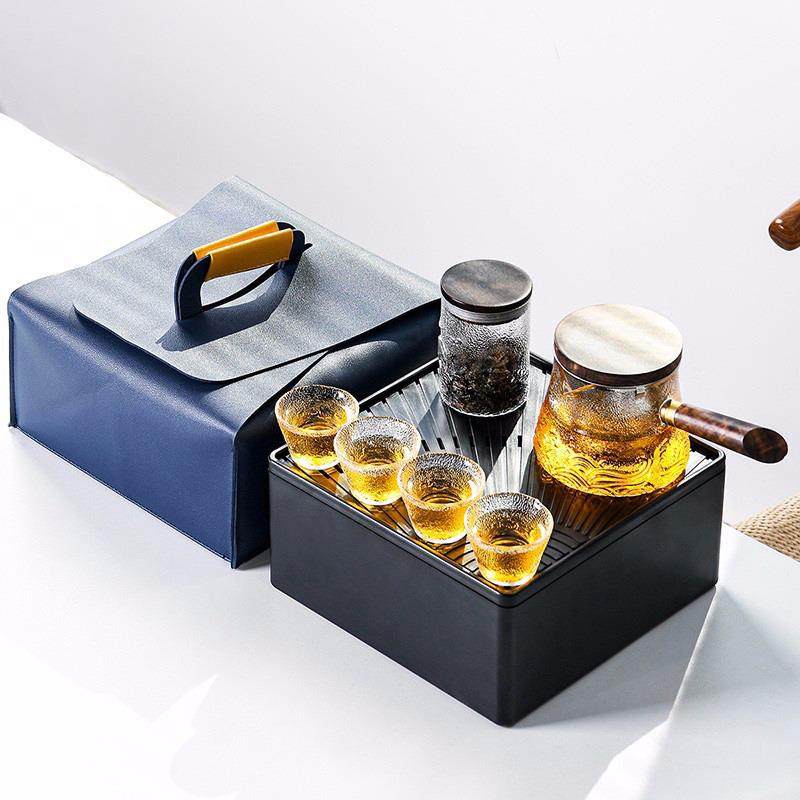 便携式旅行茶具玻璃快客杯套装户外旅游出行透明双层一壶四杯带罐