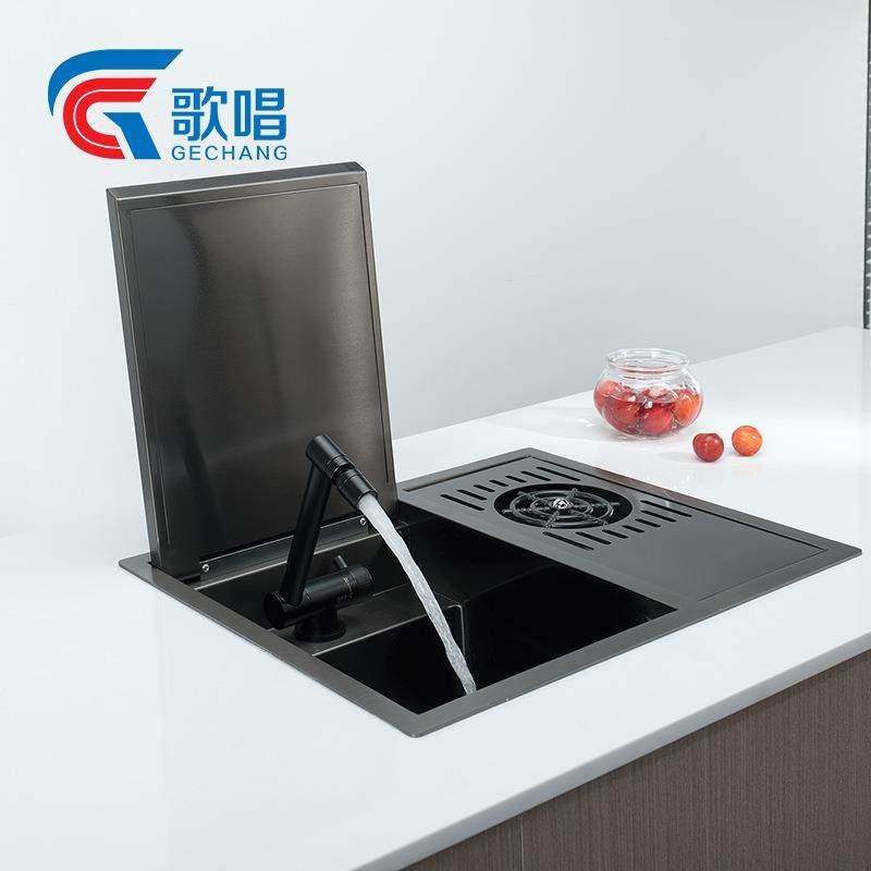 歌唱洗杯器水槽隐形缓降翻盖隐藏式中岛台吧台小单槽台中盆纳米黑