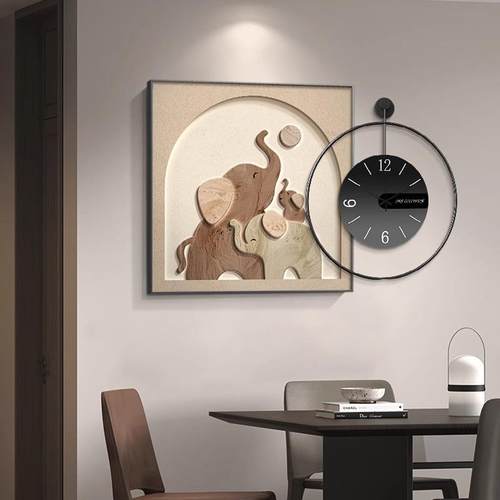 大象餐厅装饰画简约钟表挂钟组合画高级感客厅挂画北欧风饭厅壁画