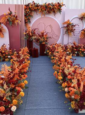 新款婚庆秋橘红色大款地排花仿真装饰绢花尤加利花排路引T台婚礼