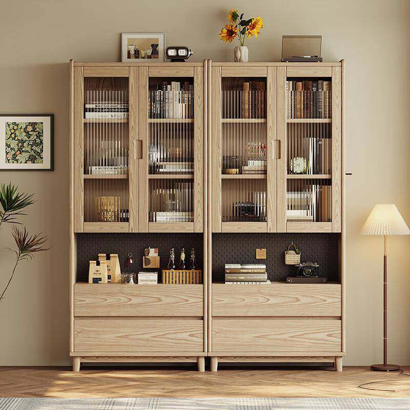 白蜡木书柜实橱木玻门客厅HOR尘收防纳储物立柜北欧璃原木书架书