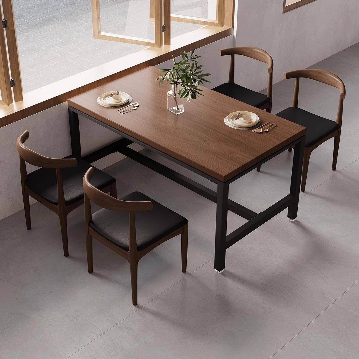 黑色餐餐椅椅铁艺实木餐饮SDO桌桌厅组合快餐店商用餐饭店长方形