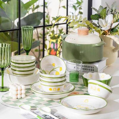 厂家直销陶瓷碗碟套装家用釉下彩碗盘筷餐具组合好看的碗密文发货