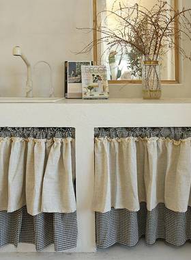 美棉式帘黑帘格麻77837半短柜帘