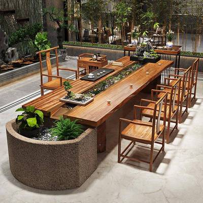 循环观式流水茶桌养鱼乌原木茶台金创意景一体新中000000实木茶桌