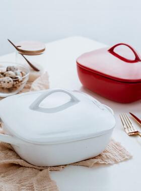 北欧红圆创糕意陶瓷椭双耳盘带盖汤盘耐FZP高焗饭正方形芝士蛋烤