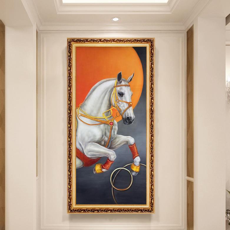 玄关装饰画简欧美式走廊竖版壁画欧式过轻奢动物马到成功油画