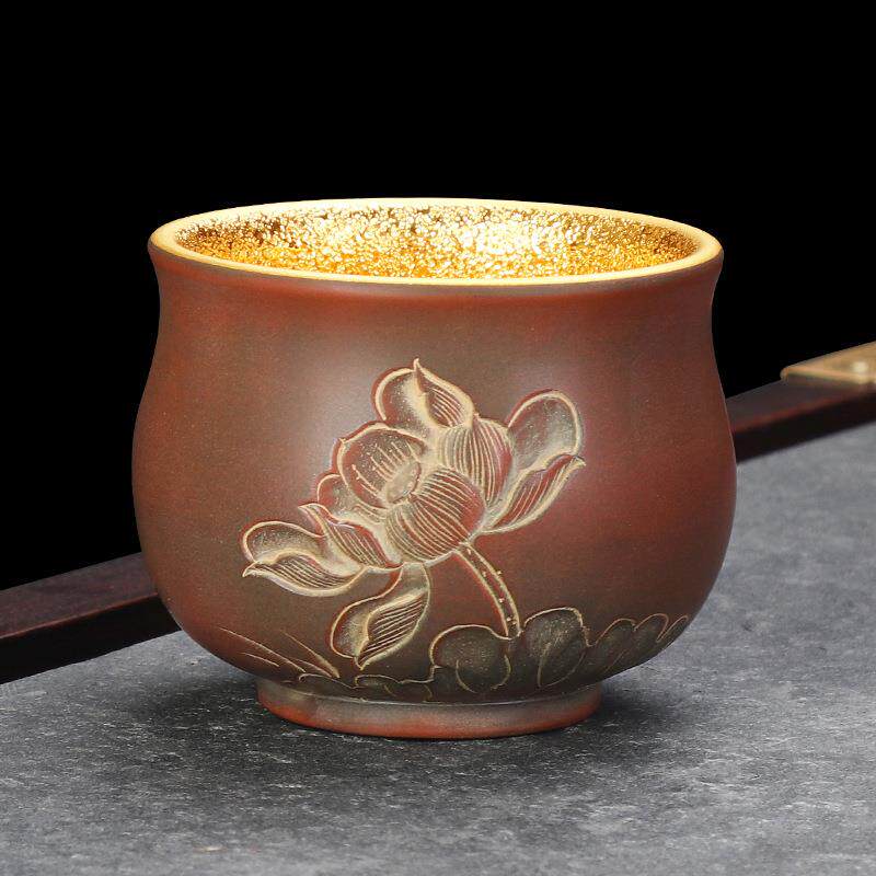 紫砂品茗杯主人杯小口杯纯手工创意鎏金单杯男女士茶杯功夫小杯子