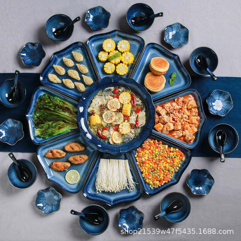 中国风年夜团圆饭餐具套装现代家用陶瓷窑变饭菜拼盘套组轻奢版