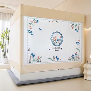 新款坐床遮光蚊帐蒙古包三开门家用床帘全封闭挡风自连接支架回底