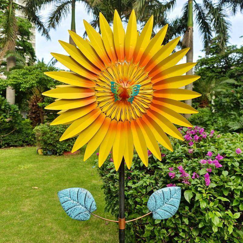 热销户外彩绘工艺品花园艺术装饰铁艺摆件向日葵风车落地插件