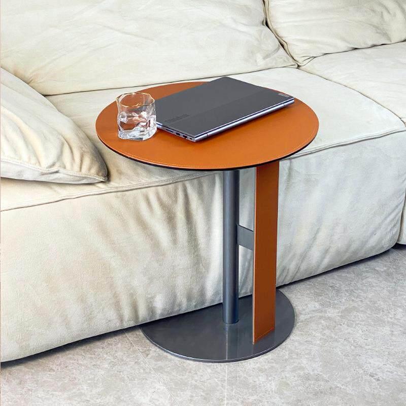 意式现代马鞍皮沙发边几轻奢高级感圆形角几艺术创意收纳储物茶几