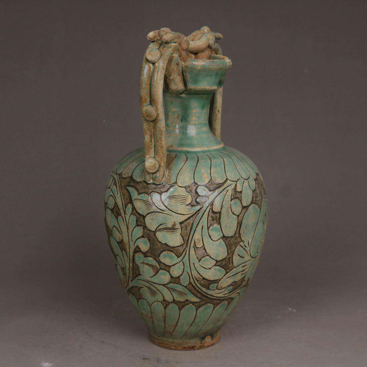 宋代磁玩州窑绿刻花双尊瓶龙古古董瓷SXC器旧货老物件收藏釉仿古