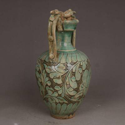 宋代磁玩州窑绿刻花双尊瓶龙古古董瓷SXC器旧货老物件收藏釉仿古