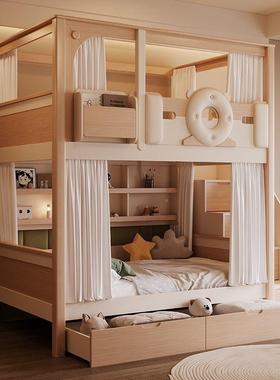 奶油风床护上下双层床城LHF堡高栏童床上下铺两层高床低床同儿宽