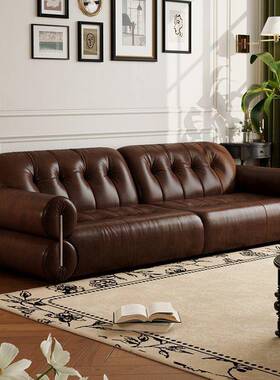 复古风油蜡皮沙小风户客厅家发用公寓中62799古做旧棕色直型排法