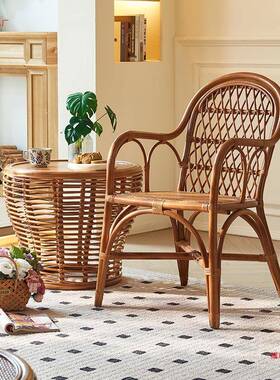 中藤风扶手古式单人椅家用餐厅编餐椅58731新中靠背椅阳台老人天