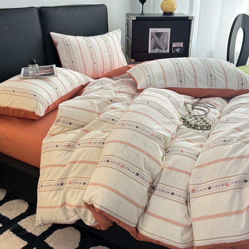 母婴级A类全棉花四件件简宜-全套全40S提条纹风四件棉套单人宿舍