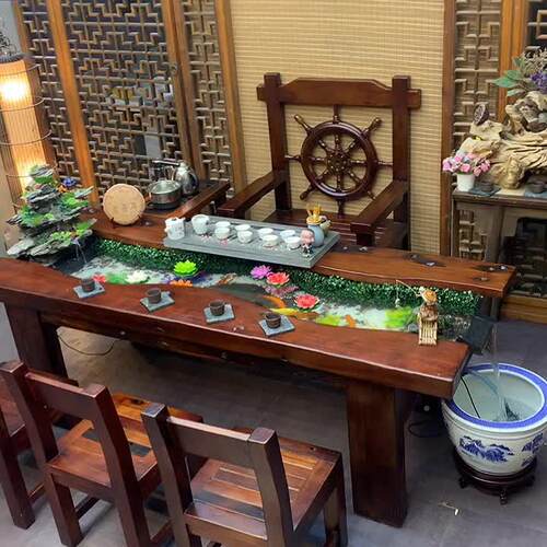 新中水流茶桌椅组合实木客厅RLP茶台全实木河桌养鱼式循环景流观
