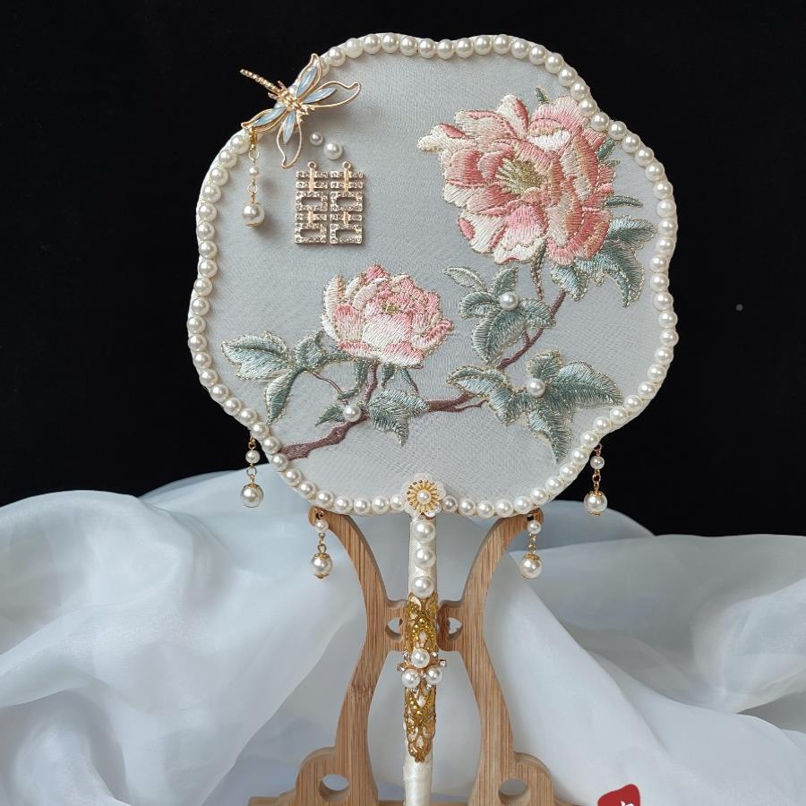 娘团秀禾服中式婚新双F9688J78扇面团扇礼结婚出嫁喜扇古风刺绣扇