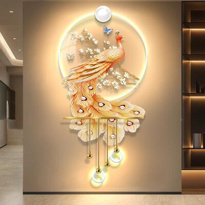 孔雀现代轻应奢玄关装术饰感LED灯光挂画走廊立体发光画艺3475—