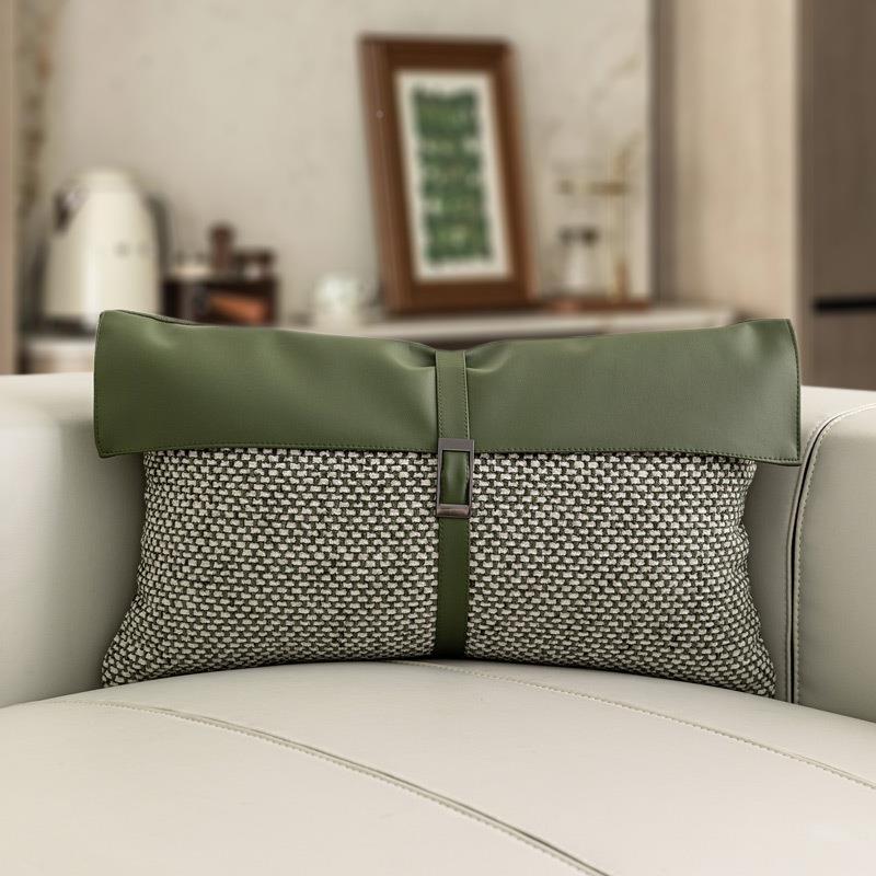 设计师软装靠枕轻板奢样间抱枕绿色棉雪尼小尔肌理拼皮麻革腰HWV