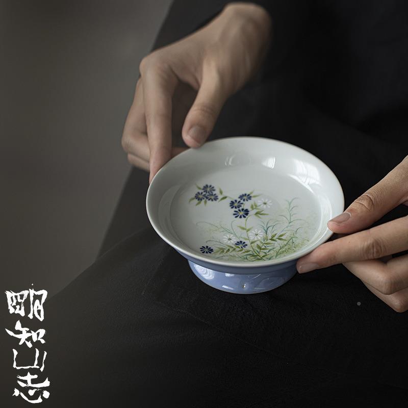 61K3山暮紫色手绘菊F768TT6T花高盖碗壶点承陶瓷仿宋泡茶碗茶足盘