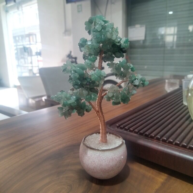 天然水晶七彩碎石摇钱树手工编织水晶发财树办公室桌面装饰摆件