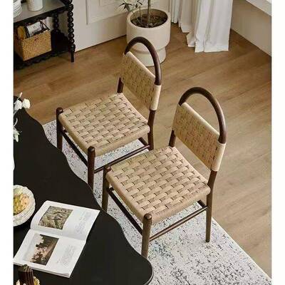 法式中古薇薇餐椅绳编家用实家木椅复古客厅用编织SL0122靠休闲椅