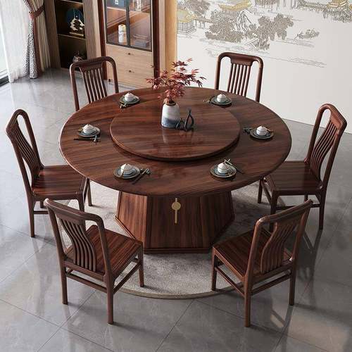 桌新中式乌yt-w806金木全实木餐桌饭椅组合仿古餐桌圆转盘家圆形