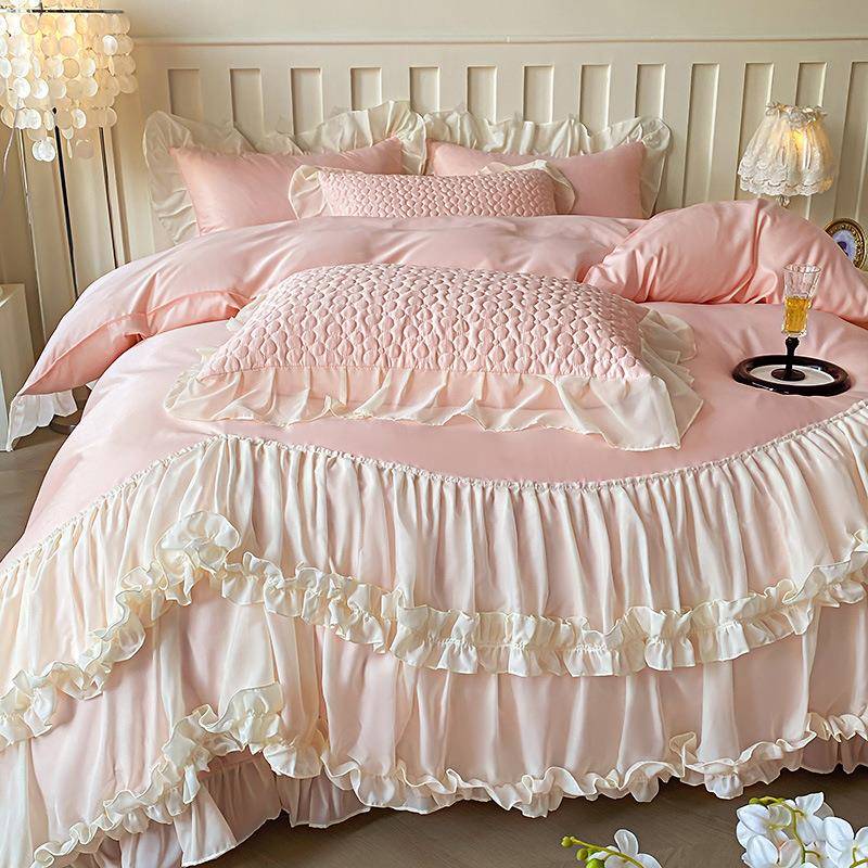2025棉新款天丝床裙款件套法四式公主风床被套夹棉床罩单蕾丝LNQ