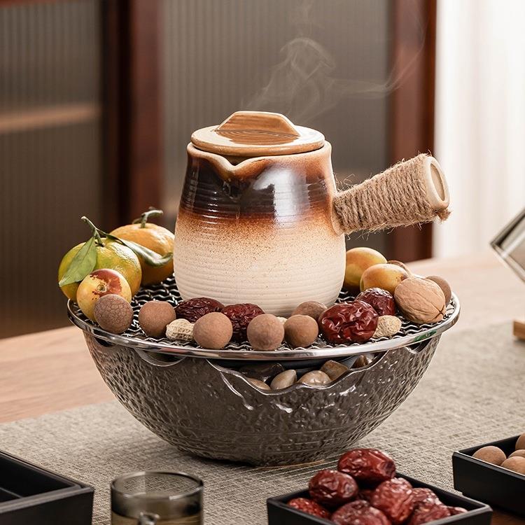 围炉煮茶室内家用网红全套茶陶黑陶《石炉电煮茶壶花茶茶具套罐罐