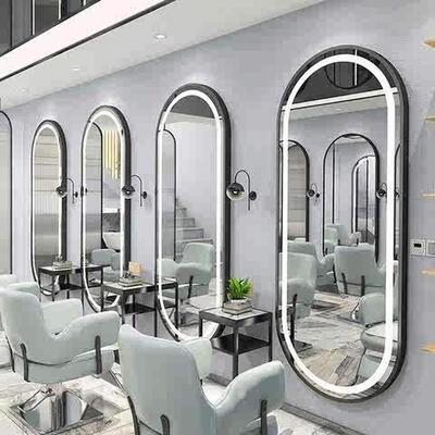 网红潮店理发镜台美发镜子发廊专BKJ用剪L发染烫D单挂面贴墙E灯简