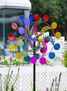 庭院铁六彩风车艺风车园装饰花金属户外铁艺装饰景区楼盘炫彩双层