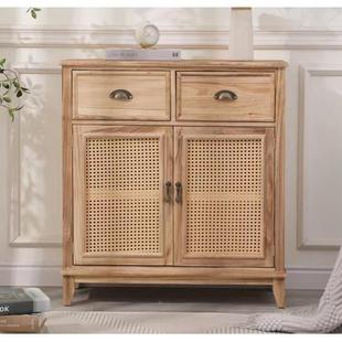 NNS中式复古实木物餐边柜墙藤编储柜客厅备餐带门斗柜玄关茶柜水