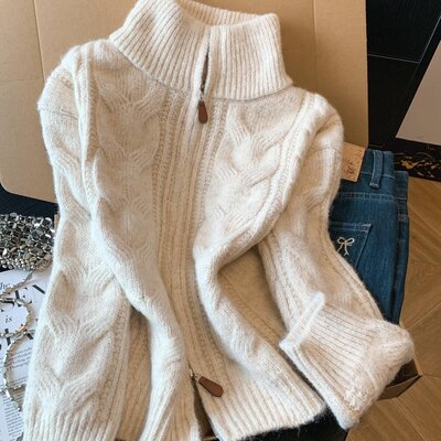 慵懒高领麻花针织毛衣女秋冬新款加厚宽松显瘦软糯双拉链外套上衣