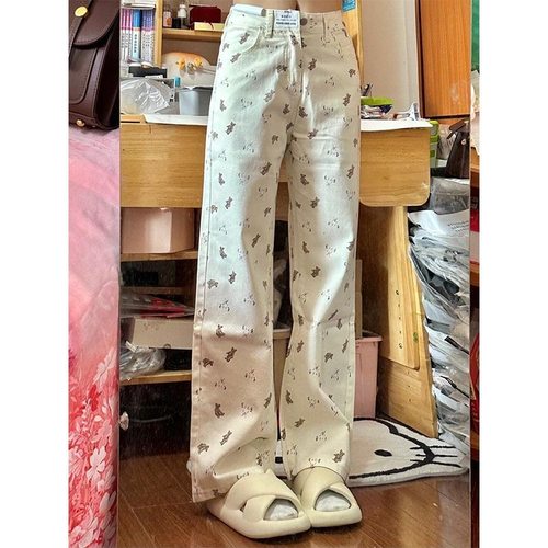 小个子美式小熊印花牛仔裤女夏季直筒宽松垂感拖地阔腿裤子