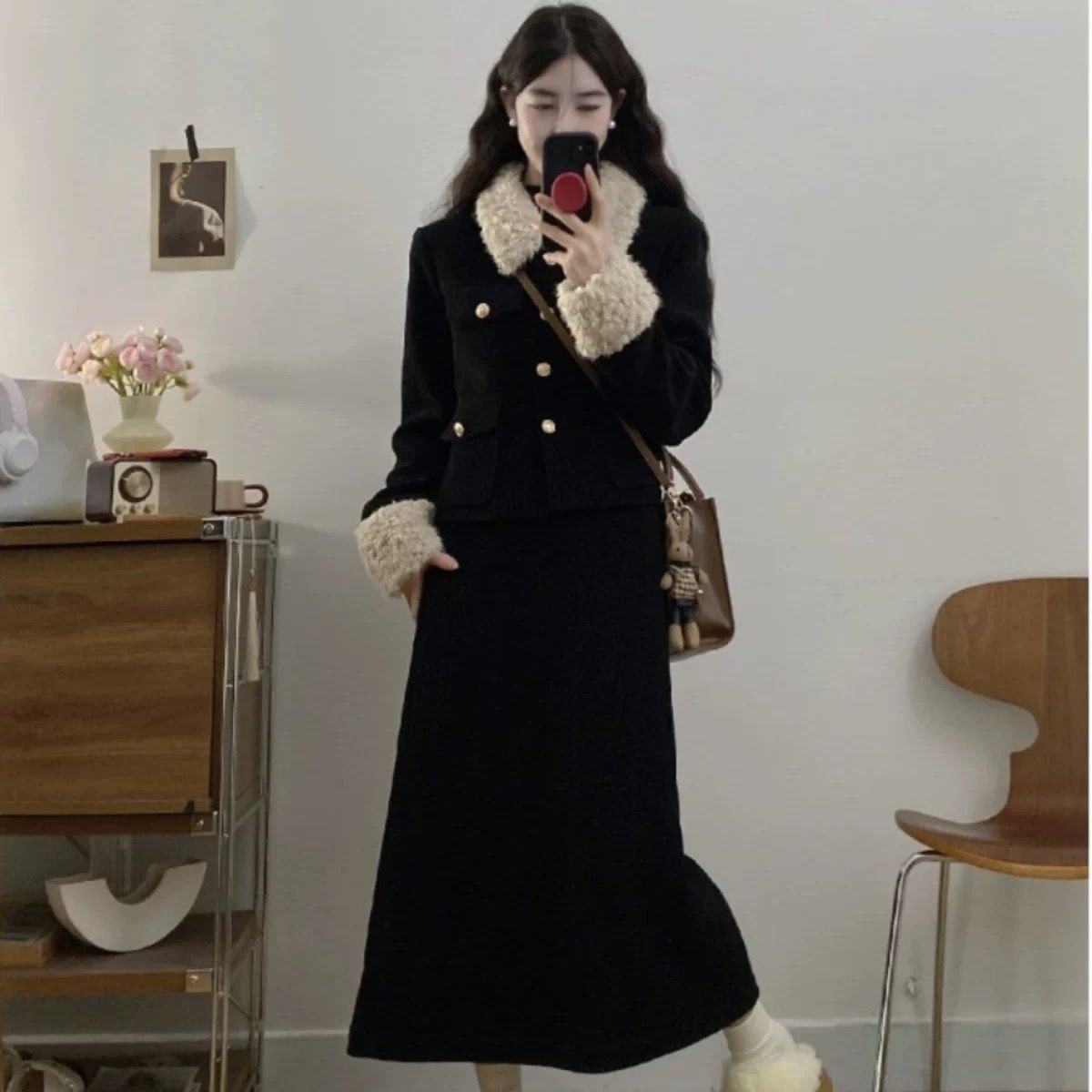 加绒加厚赫本风polo领毛毛套装大码胖mm高级感小香风半身裙短外套
