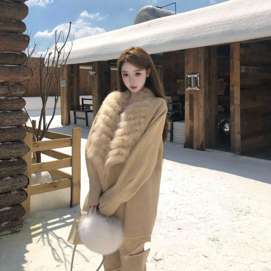 2025年秋冬新款大翻领车条仿狐狸毛皮草外套中长款开衫毛衣针织衫