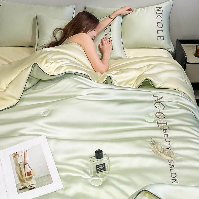 202新款水洗真丝冰刺绣5夏被四件套夏凉被透降气丝滑OGL丝快速温