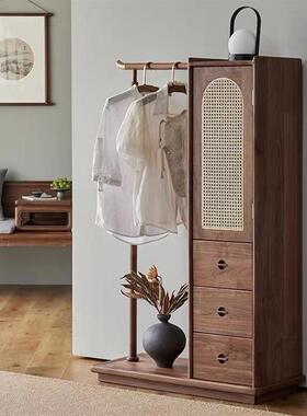 黑胡桃FUO木日简约全用实木藤式编家一体挂衣架现代落抽屉柜衣帽
