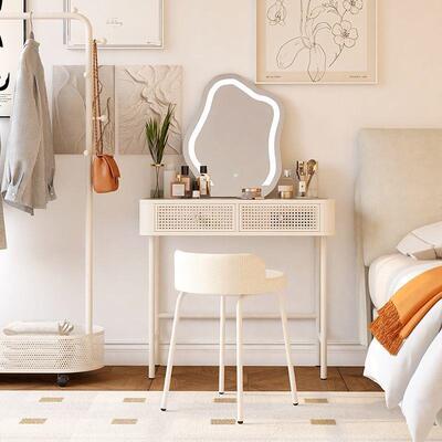 奶油风妆台卧室简约现AXI代轻奢化玻钢璃梳铁艺妆主卧化桌网红小