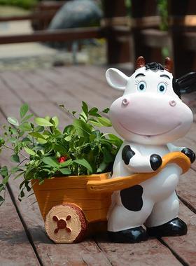 卡kt200428脂通雕塑牛桌面树工艺品摆件创意绿花盆家居客植厅奶摆