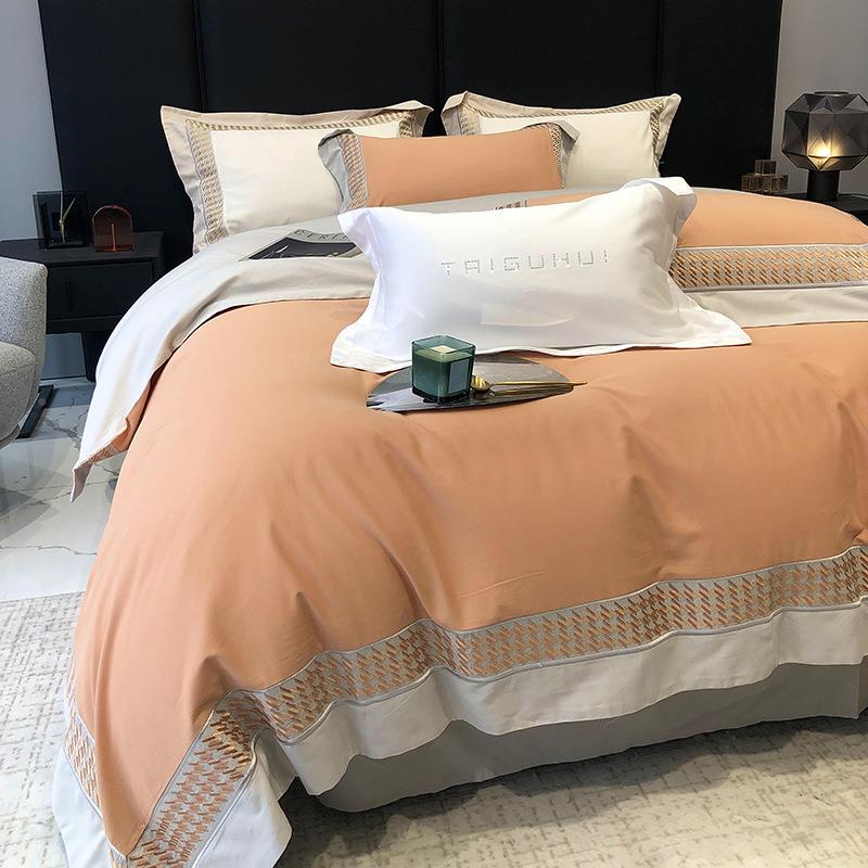 绣秋冬轻奢100全棉千鸟磨毛刺双拼四件格套纯棉欧式被EOW套床单1.