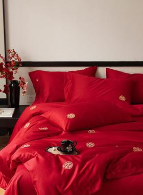新中式庆1四0S婚长绒HCZZ1798棉结婚件套红色喜庆床单被0套新婚家