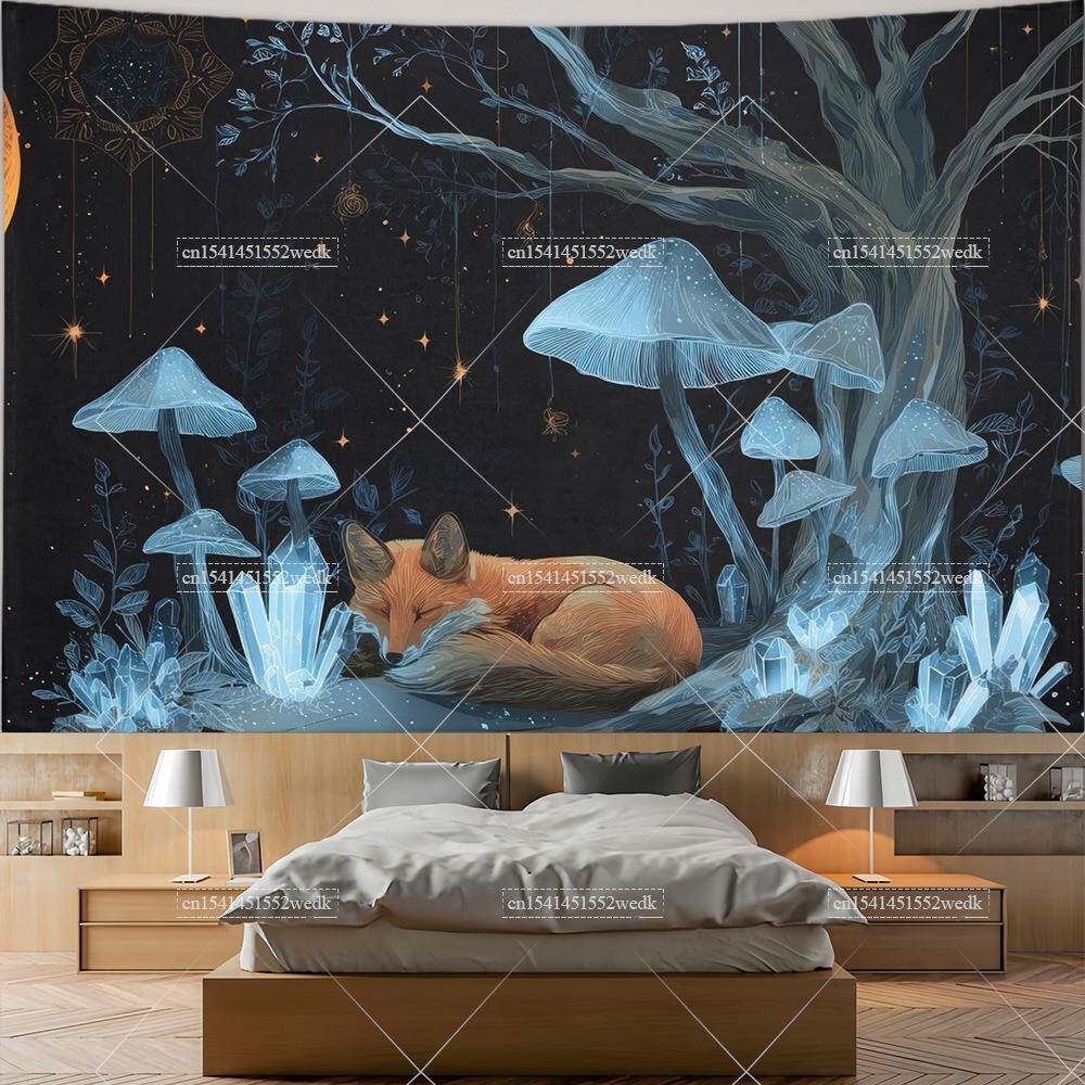 狐狸挂梦网wj-2025-毯蘑菇狐狸墙壁挂毯毯客厅装饰美学猫塔罗牌捕
