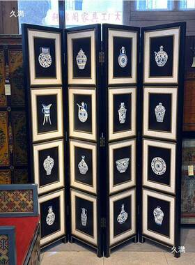 青瓷屏风中12222花瓶客厅隔断折沙发背景两扇四扇六扇叠花面双设