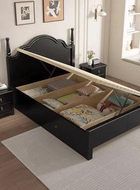 .轻奢复古实木1VTN.0m单人床气压法式135m抽收屉高箱纳物床1.5m客