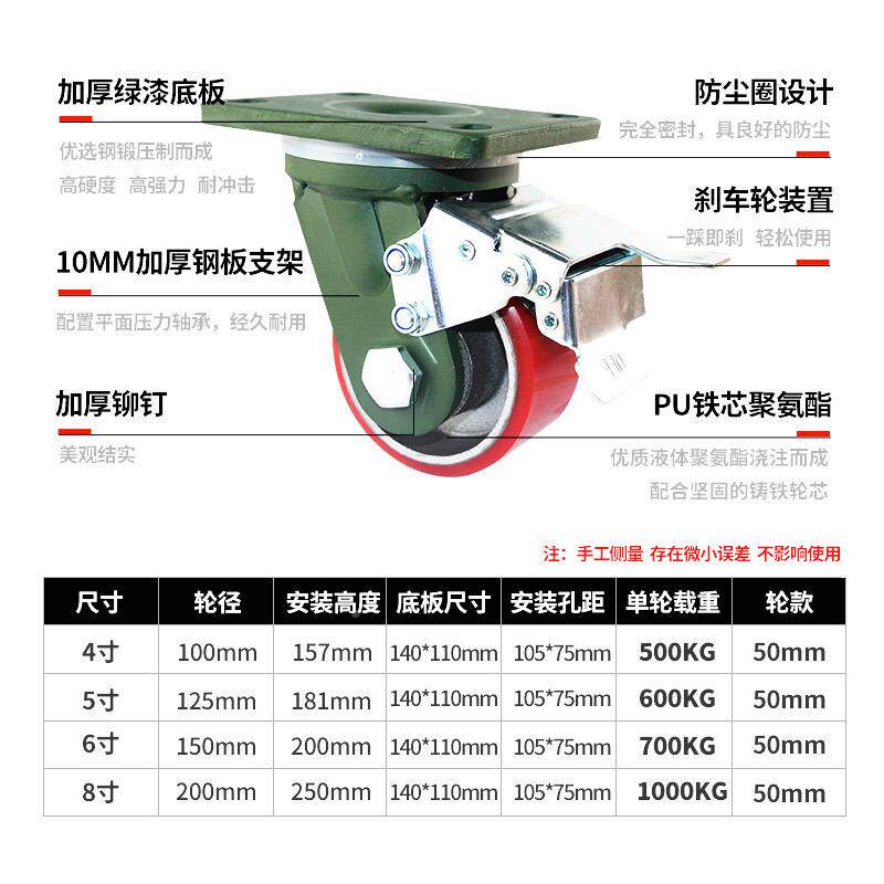 6寸重型超HQF尼龙万工向轮4寸全铁心聚氨定向设酯备轮子8寸5寸业