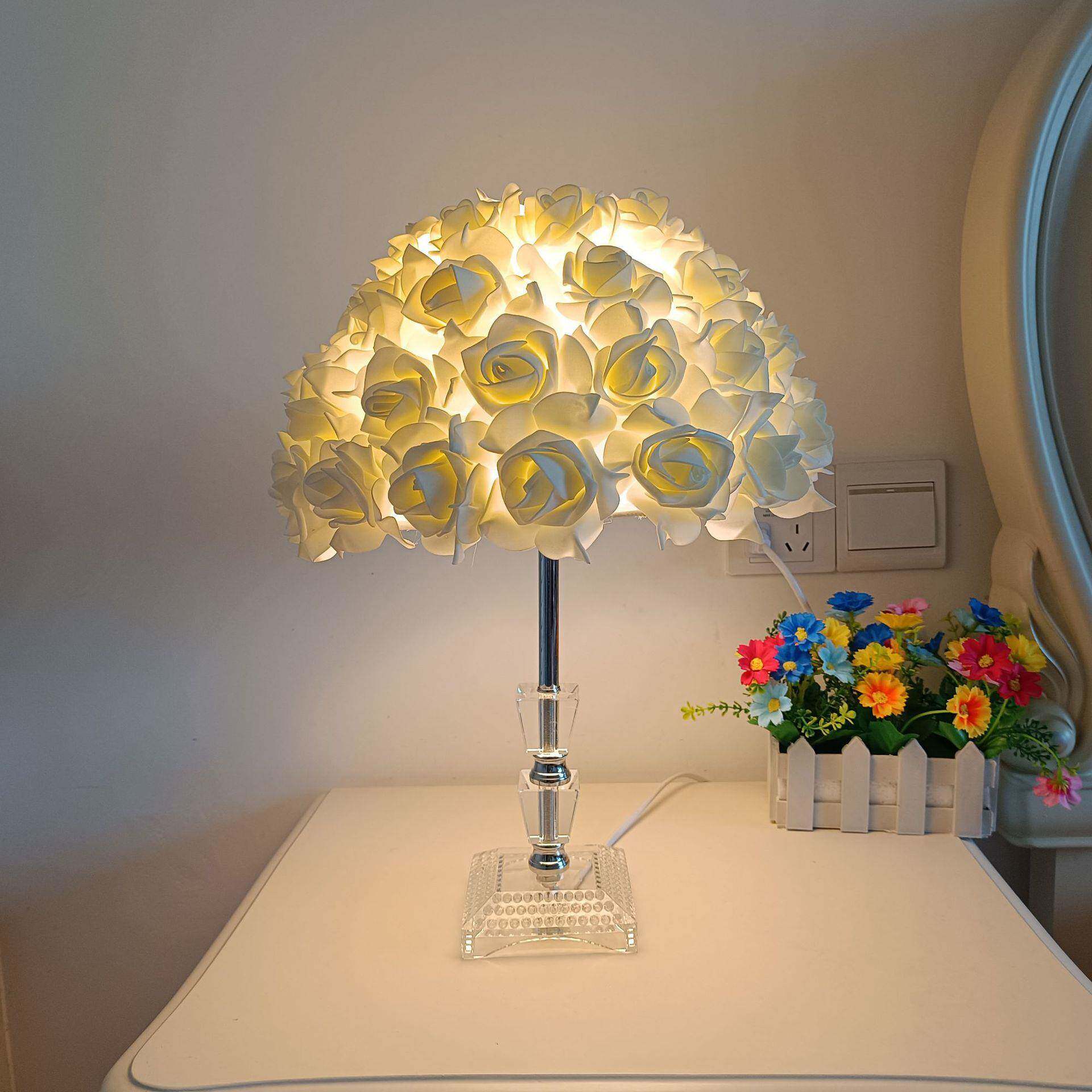 创意水晶玫DD106瑰花台灯台晶台灯伞形粉色水玫瑰花灯卧室床头装